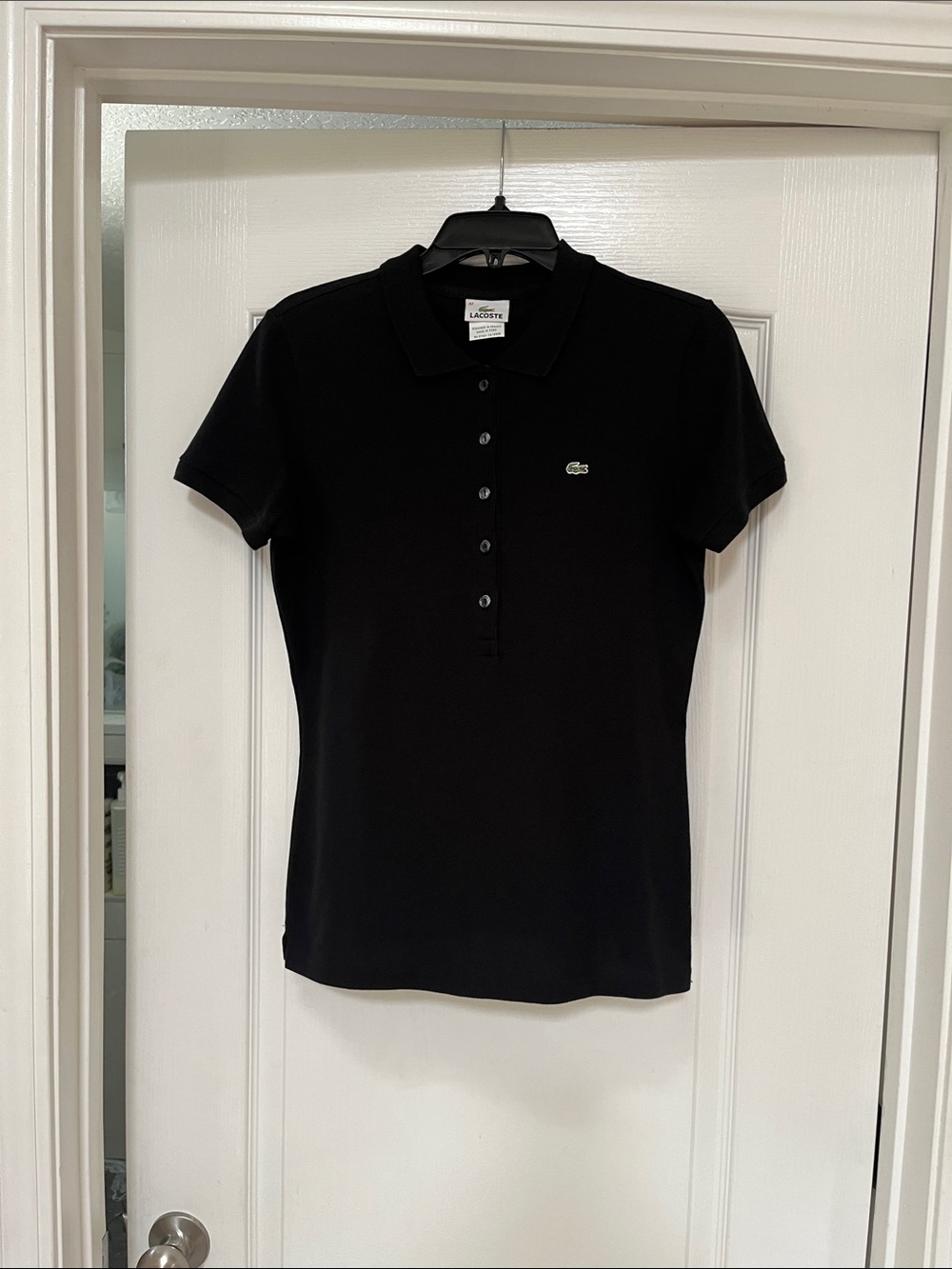 Lacoste Black Short-Sleeve Polo Shirt with Green Crocodile Logo, NWOT, 42